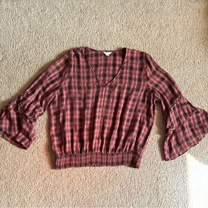 Cato Boho Brown and Gold Ruched Ruffled 3/4 Sleeve Blouse